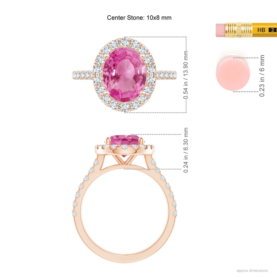 10x8mm AAA Oval Pink Sapphire Halo Ring with Diamond Accents in Rose Gold ruler