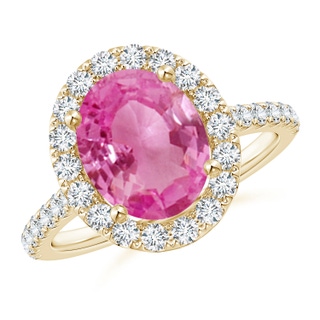 10x8mm AAA Oval Pink Sapphire Halo Ring with Diamond Accents in Yellow Gold