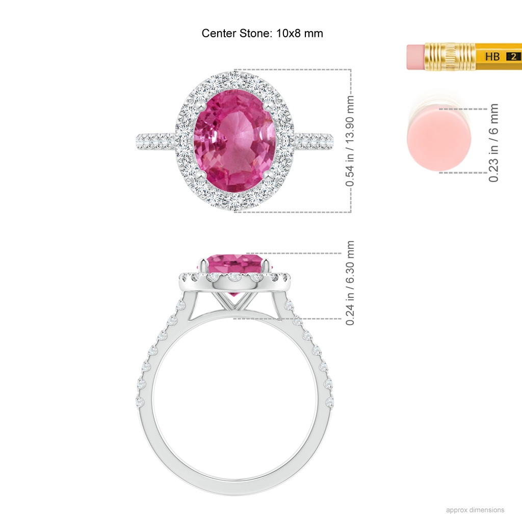 10x8mm AAAA Oval Pink Sapphire Halo Ring with Diamond Accents in P950 Platinum ruler