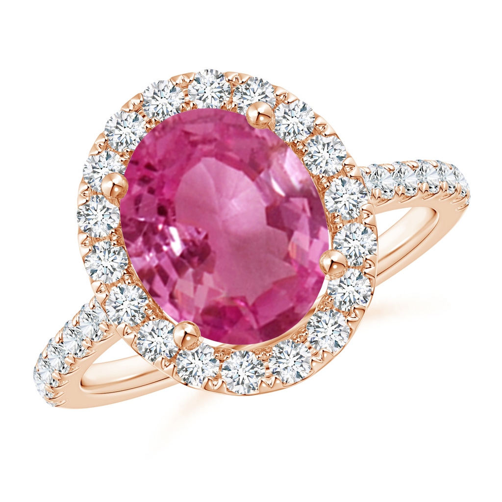 10x8mm AAAA Oval Pink Sapphire Halo Ring with Diamond Accents in Rose Gold