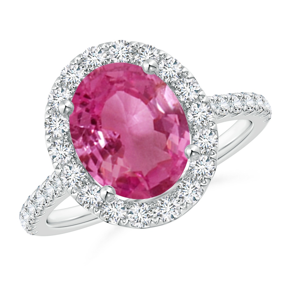 10x8mm AAAA Oval Pink Sapphire Halo Ring with Diamond Accents in White Gold 