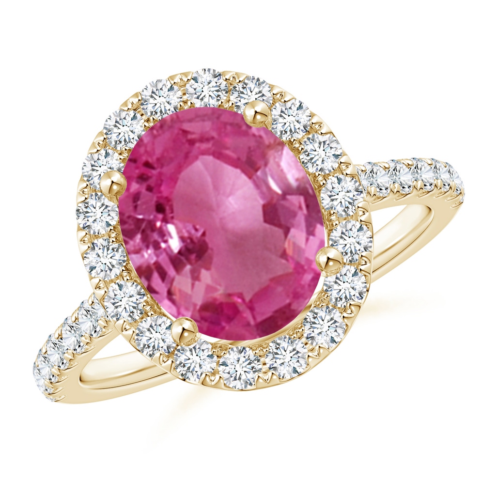 10x8mm AAAA Oval Pink Sapphire Halo Ring with Diamond Accents in Yellow Gold