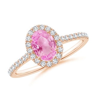 7x5mm A Oval Pink Sapphire Halo Ring with Diamond Accents in 10K Rose Gold