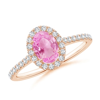 7x5mm A Oval Pink Sapphire Halo Ring with Diamond Accents in Rose Gold