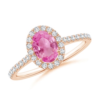 7x5mm AA Oval Pink Sapphire Halo Ring with Diamond Accents in 9K Rose Gold