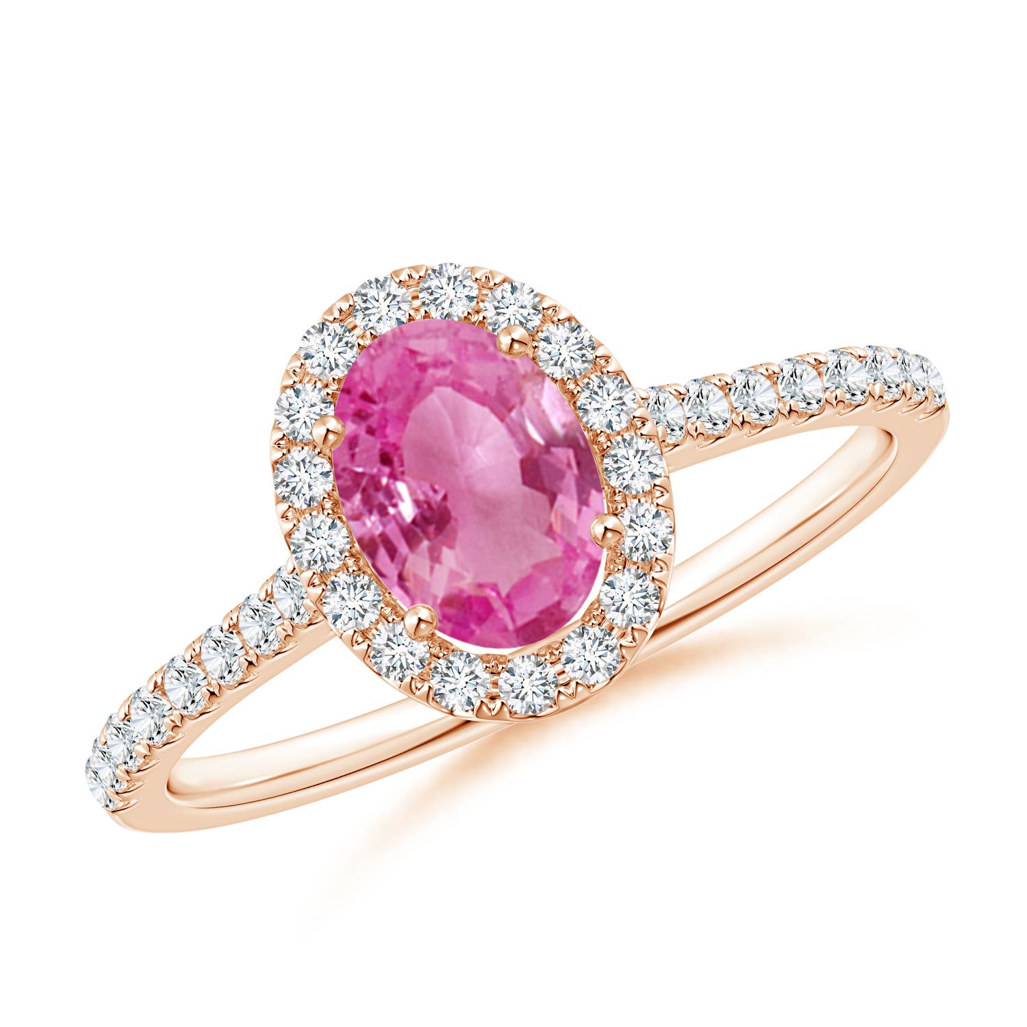 7x5mm AAA Oval Pink Sapphire Halo Ring with Diamond Accents in 18CT Rose Gold