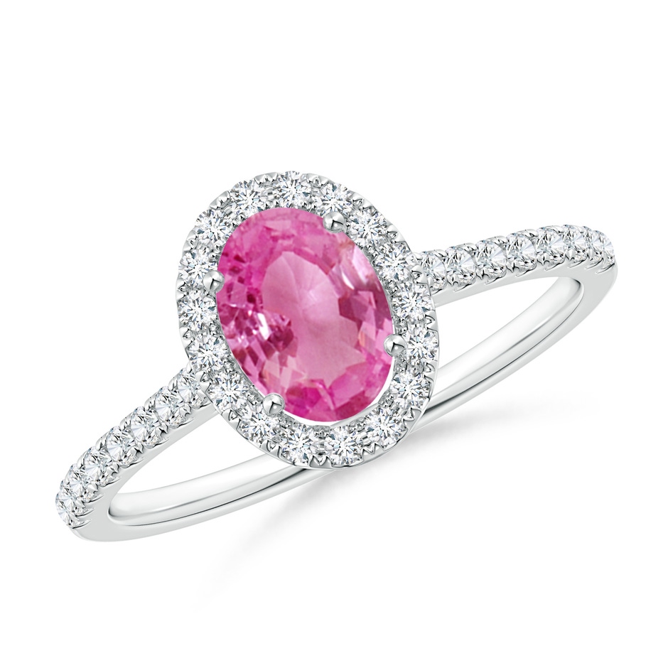 7x5mm AAA Oval Pink Sapphire Halo Ring with Diamond Accents in White Gold 