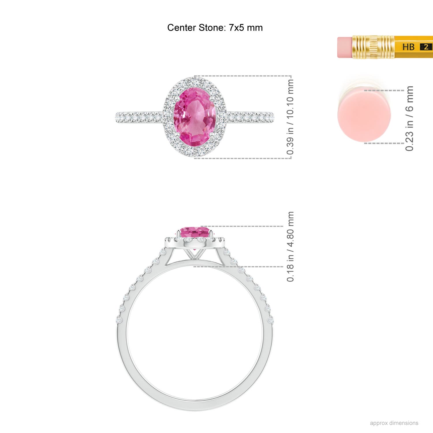 7x5mm AAA Oval Pink Sapphire Halo Ring with Diamond Accents in White Gold - ruler