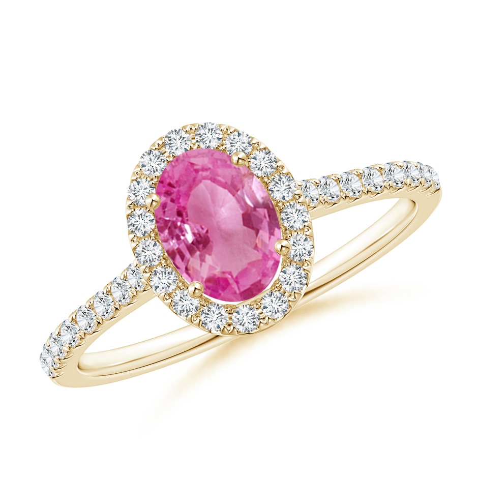 7x5mm AAA Oval Pink Sapphire Halo Ring with Diamond Accents in Yellow Gold 
