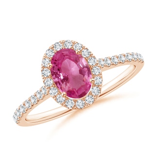 7x5mm AAAA Oval Pink Sapphire Halo Ring with Diamond Accents in Rose Gold