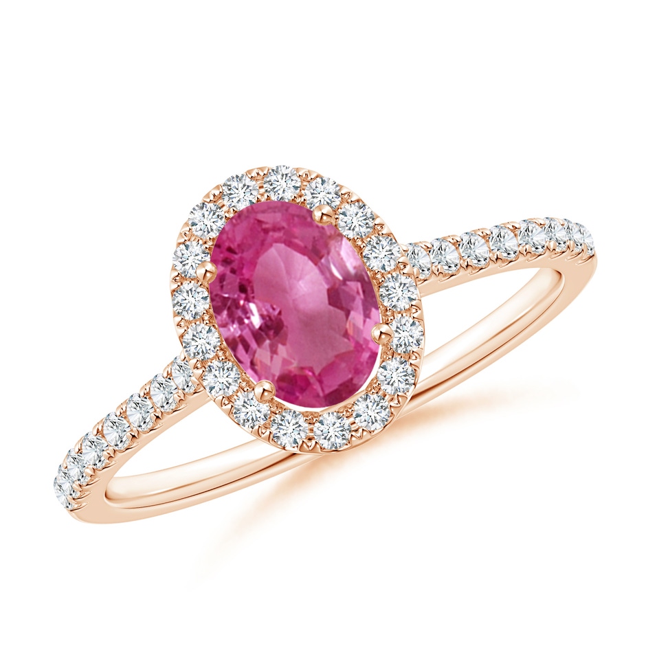 7x5mm AAAA Oval Pink Sapphire Halo Ring with Diamond Accents in Rose Gold 
