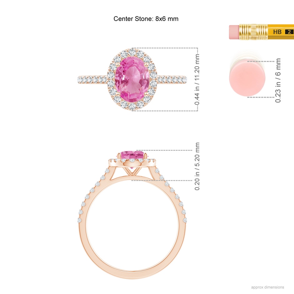 8x6mm AA Oval Pink Sapphire Halo Ring with Diamond Accents in Rose Gold ruler