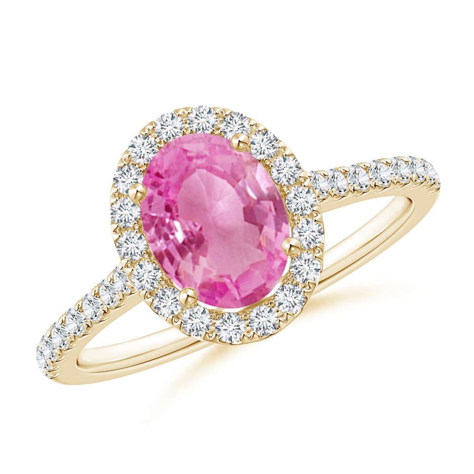 8x6mm AA Oval Pink Sapphire Halo Ring with Diamond Accents in Yellow Gold 
