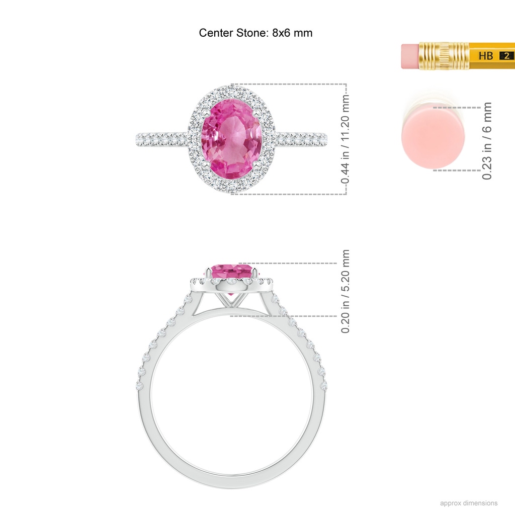 8x6mm AAA Oval Pink Sapphire Halo Ring with Diamond Accents in 10K White Gold ruler