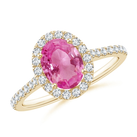 8x6mm AAA Oval Pink Sapphire Halo Ring with Diamond Accents in Yellow Gold