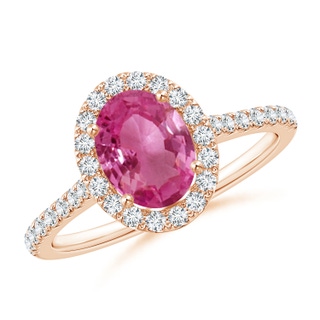 8x6mm AAAA Oval Pink Sapphire Halo Ring with Diamond Accents in 18K Rose Gold