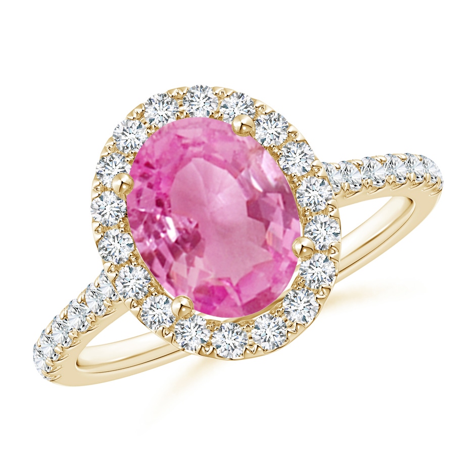 9x7mm AA Oval Pink Sapphire Halo Ring with Diamond Accents in Yellow Gold 