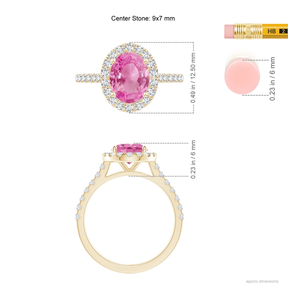 9x7mm AA Oval Pink Sapphire Halo Ring with Diamond Accents in Yellow Gold ruler