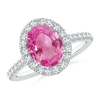 9x7mm AAA Oval Pink Sapphire Halo Ring with Diamond Accents in P950 Platinum