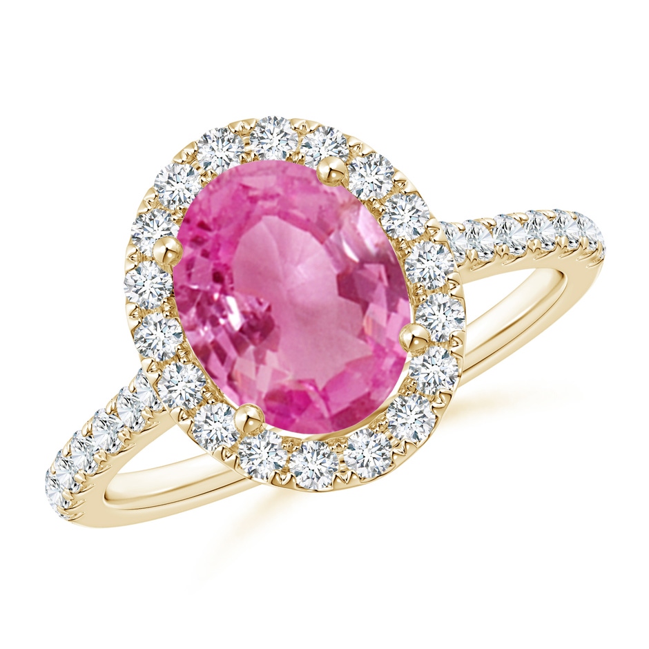 9x7mm AAA Oval Pink Sapphire Halo Ring with Diamond Accents in Yellow Gold 