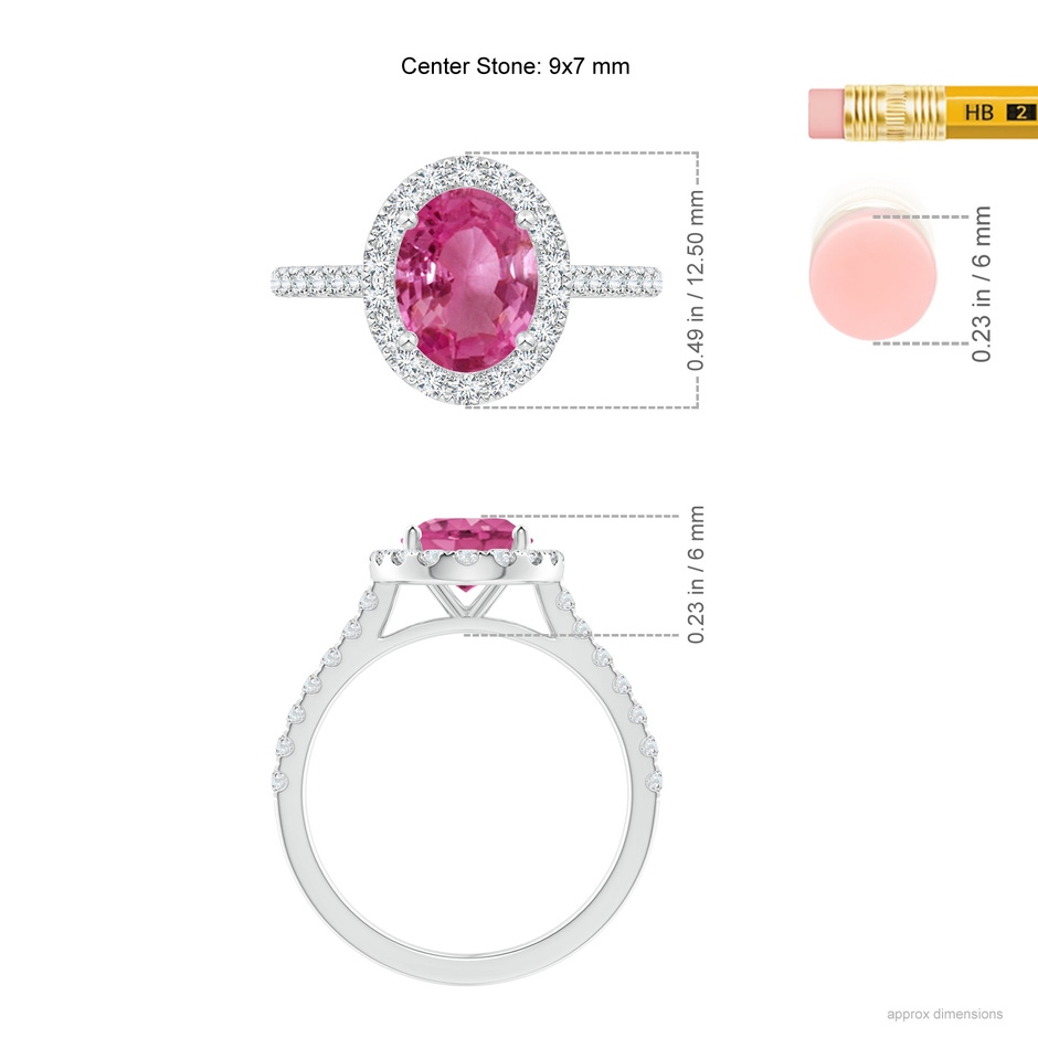 9x7mm AAAA Oval Pink Sapphire Halo Ring with Diamond Accents in P950 Platinum ruler