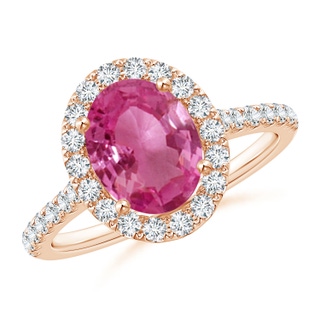 9x7mm AAAA Oval Pink Sapphire Halo Ring with Diamond Accents in Rose Gold