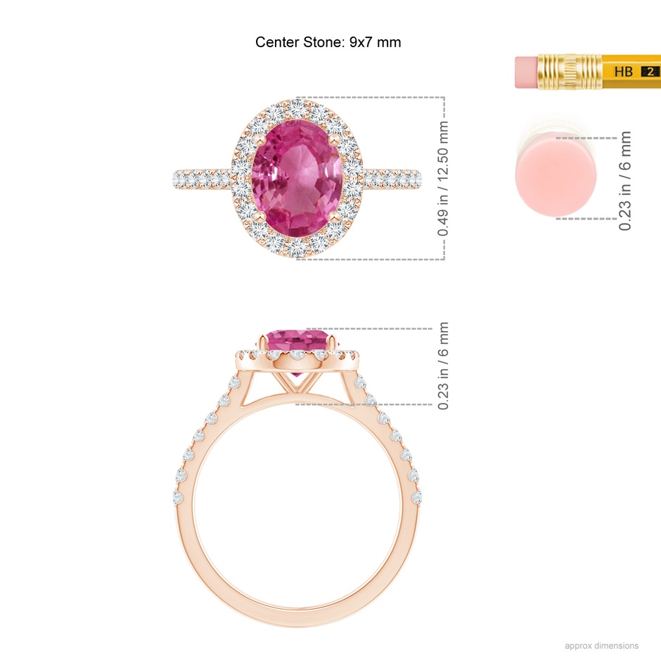 9x7mm AAAA Oval Pink Sapphire Halo Ring with Diamond Accents in Rose Gold ruler