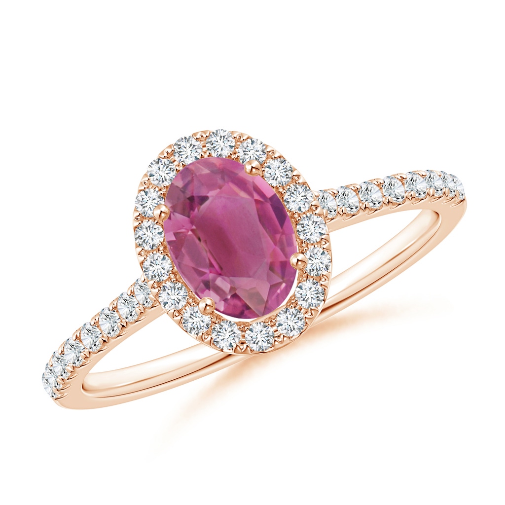 7x5mm AAA Oval Pink Tourmaline Halo Ring with Diamond Accents in Rose Gold