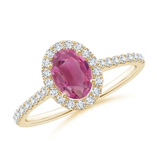 7x5mm AAA Oval Pink Tourmaline Halo Ring with Diamond Accents in Yellow Gold