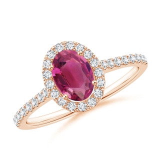 7x5mm AAAA Oval Pink Tourmaline Halo Ring with Diamond Accents in Rose Gold
