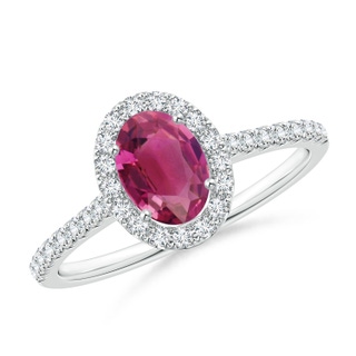 7x5mm AAAA Oval Pink Tourmaline Halo Ring with Diamond Accents in White Gold