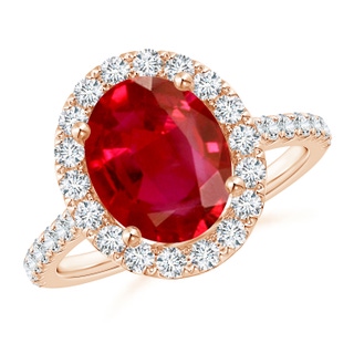 10x8mm AAA Oval Ruby Halo Ring with Diamond Accents in Rose Gold