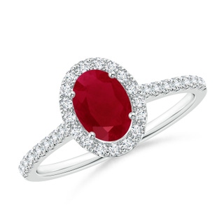 7x5mm AA Oval Ruby Halo Ring with Diamond Accents in White Gold