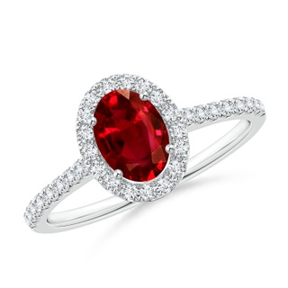 7x5mm AAAA Oval Ruby Halo Ring with Diamond Accents in White Gold