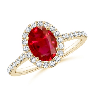 8x6mm AAA Oval Ruby Halo Ring with Diamond Accents in Yellow Gold