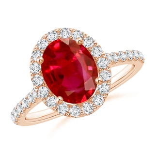 9x7mm AAA Oval Ruby Halo Ring with Diamond Accents in Rose Gold