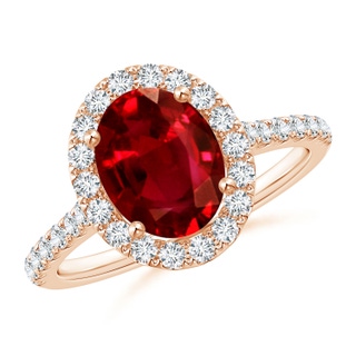 9x7mm AAAA Oval Ruby Halo Ring with Diamond Accents in Rose Gold