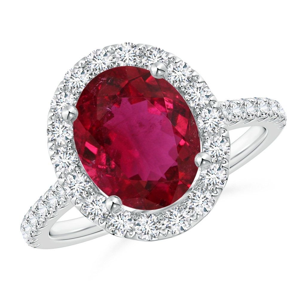 10.5x8.5mm AA GIA Certified Oval Rubelite Cathedral Ring with Diamond Halo in 18K White Gold