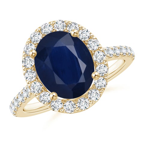 10x8mm A Oval Sapphire Halo Ring with Diamond Accents in Yellow Gold