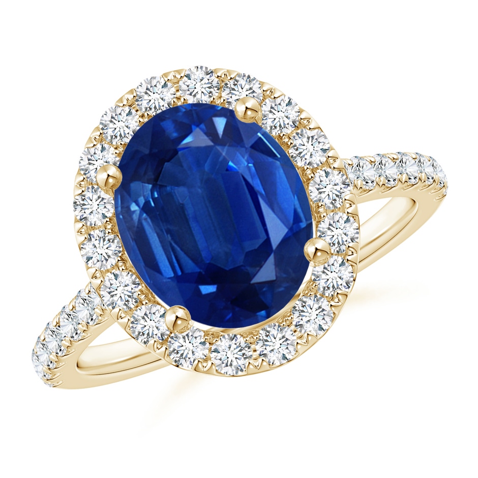 10x8mm AAA Oval Sapphire Halo Ring with Diamond Accents in Yellow Gold 