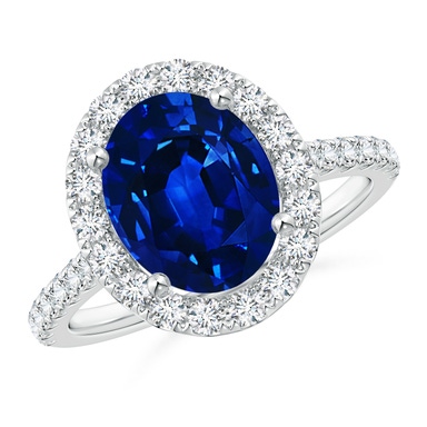 Oval Blue Sapphire Split Shank Halo Ring | Angara