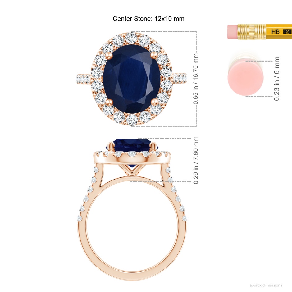 12x10mm A Oval Sapphire Halo Ring with Diamond Accents in Rose Gold ruler