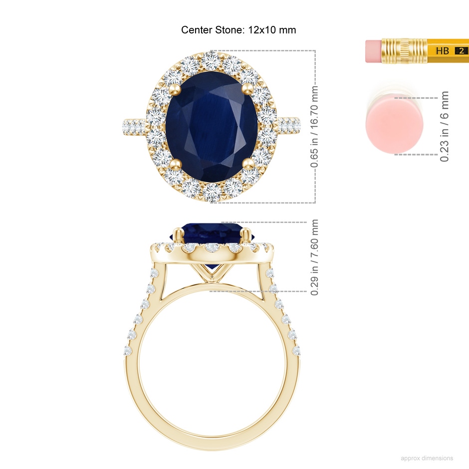 12x10mm A Oval Sapphire Halo Ring with Diamond Accents in Yellow Gold ruler