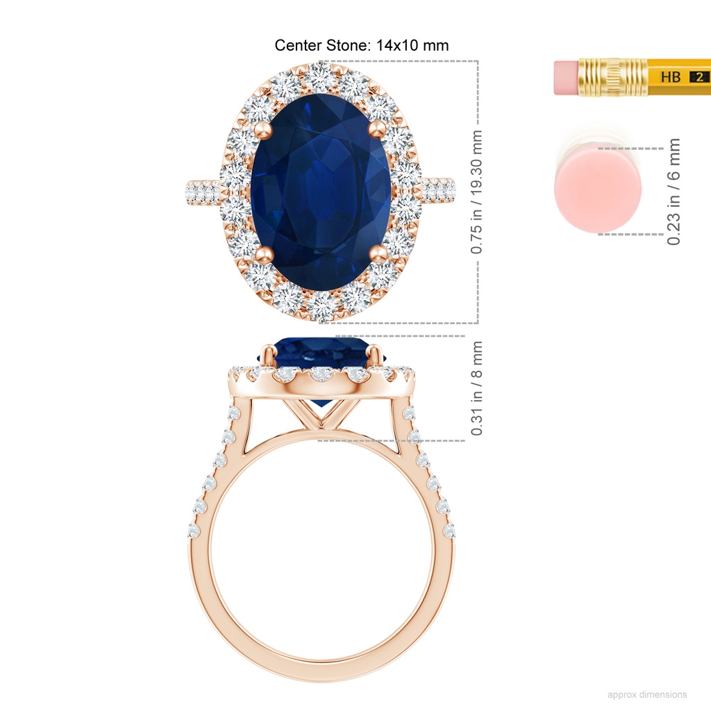 14x10mm AA Oval Sapphire Halo Ring with Diamond Accents in Rose Gold ruler