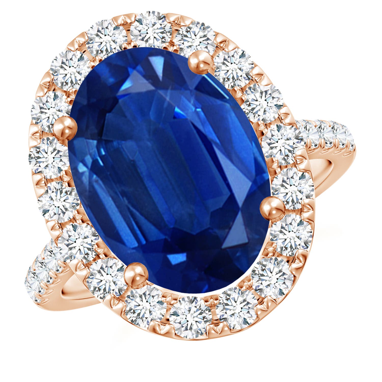 Angara 7.99 CTW Prong-Set Oval Blue Sapphire Halo Engagement Ring with Diamond Accents in 18K Rose Gold
