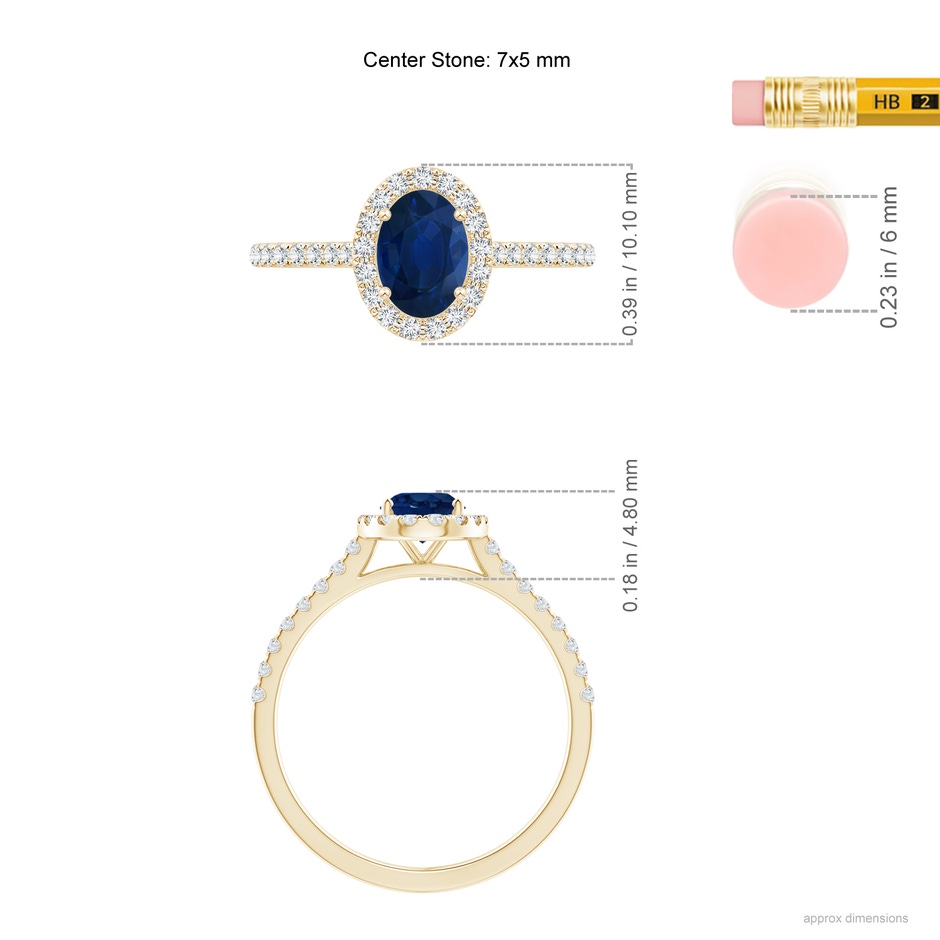 7x5mm AA Oval Sapphire Halo Ring with Diamond Accents in Yellow Gold ruler