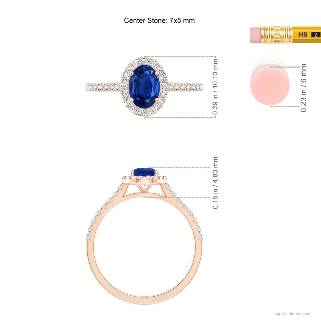 7x5mm AAA Oval Sapphire Halo Ring with Diamond Accents in Rose Gold ruler