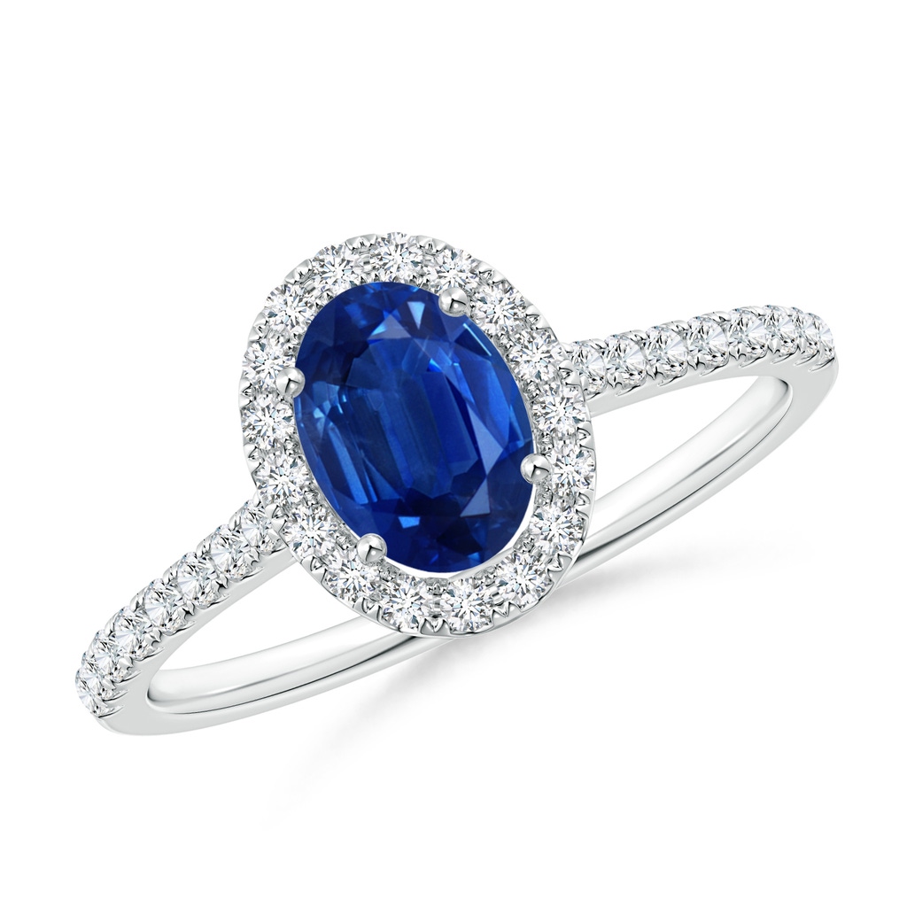7x5mm AAA Oval Sapphire Halo Ring with Diamond Accents in White Gold