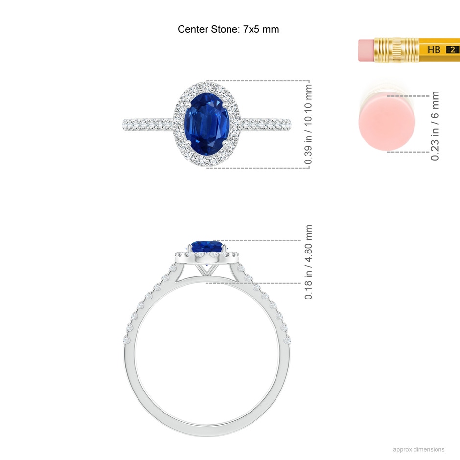 7x5mm AAA Oval Sapphire Halo Ring with Diamond Accents in White Gold ruler