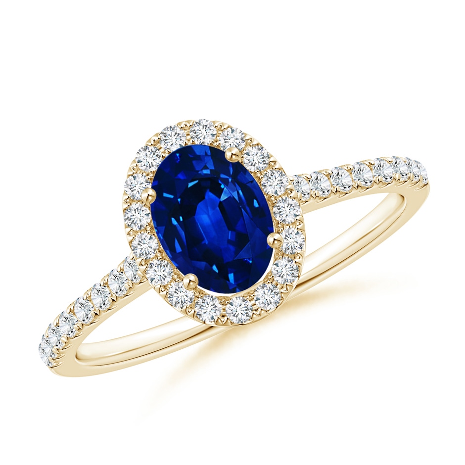 7x5mm AAAA Oval Sapphire Halo Ring with Diamond Accents in Yellow Gold 